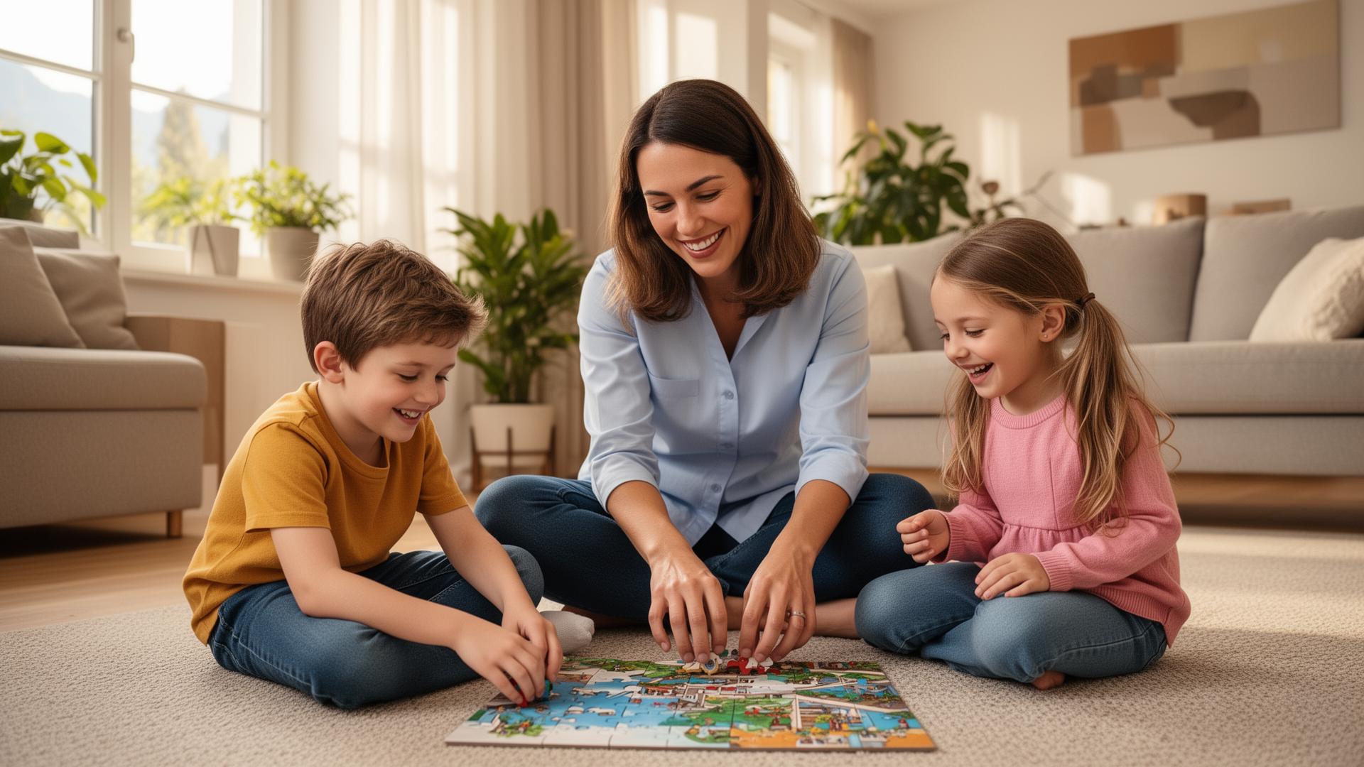 Betreuungsperson von YARIcare spielt mit zwei Kindern im Wohnzimmer einer Familie in Zürich